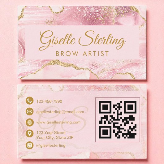Brow Artist Blush Pink Gold Agate QR Code Visitenkarte