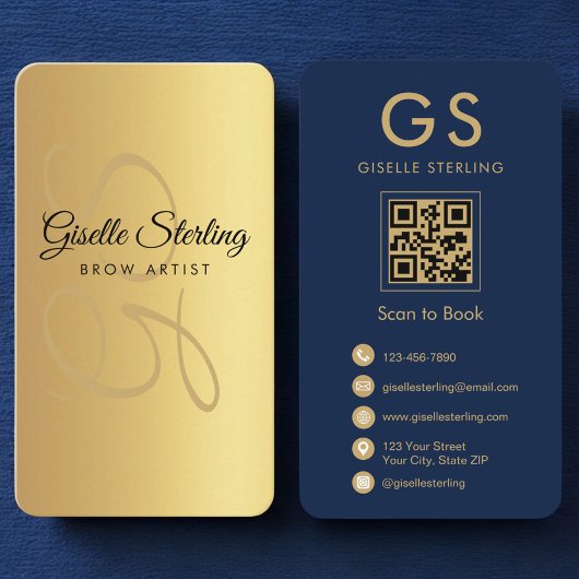Brow Artist Gold Navy Blue QR Code Monogramm Visitenkarte