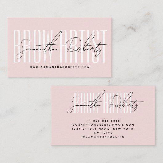 Brow artist modern typography script blush pink visitenkarte (Vorne/Hinten)
