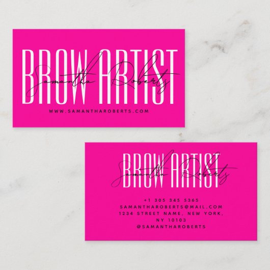 Brow artist modern typography script neon pink visitenkarte (Vorne/Hinten)