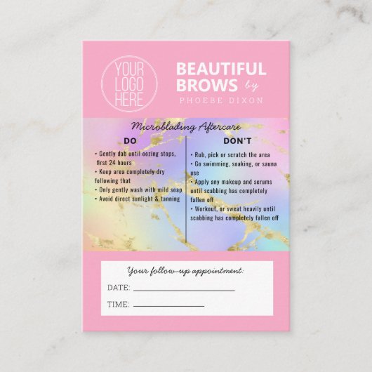 Brow Microblading Aftercare & Appointment-Marmor Visitenkarte (Vorderseite)