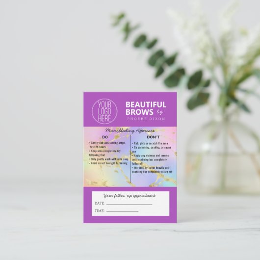 Brow Microblading Aftercare & Appointment-Marmor Visitenkarte (Stehend Vorderseite)