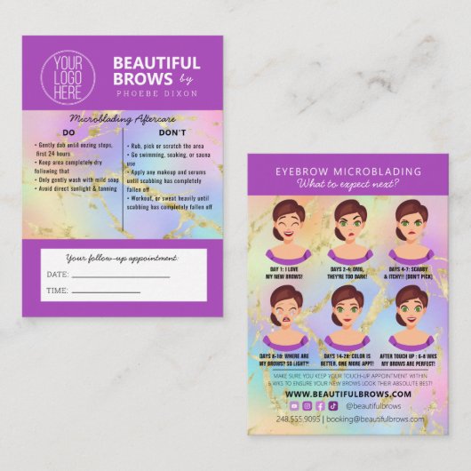 Brow Microblading Aftercare & Appointment-Marmor Visitenkarte (Vorne/Hinten)