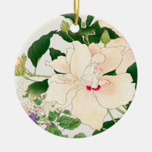 Browallia & Hibiskusblüten -Japanischer Holzschnit Keramik Ornament