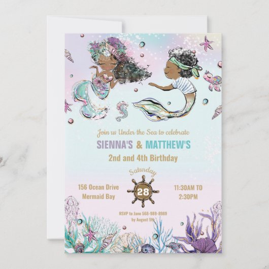 Brown African Mermaid Pirate Twins Joint Birthday Einladung (Vorderseite)