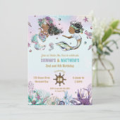 Brown African Mermaid Pirate Twins Joint Birthday Einladung (Stehend Vorderseite)