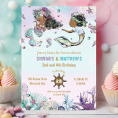 Brown African Mermaid Pirate Twins Joint Birthday Einladung