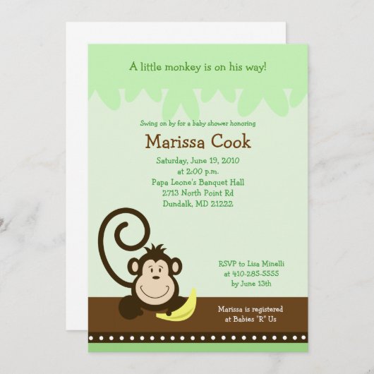 Brown Albern Monkey Jungle Boy Baby Dusche 12x18 Einladung (Vorne/Hinten)