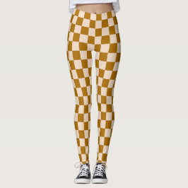 Brown and beige checkerboard pattern leggings