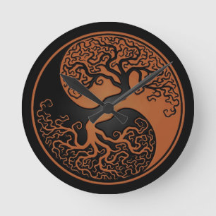 Brown and Black Tree of Life Yin Yang Runde Wanduhr