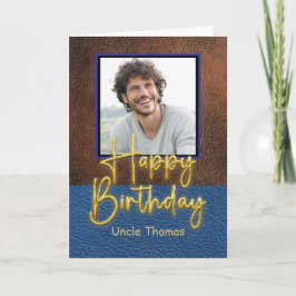 Brown and Blue leather Gold Script Uncle Birthday Karte