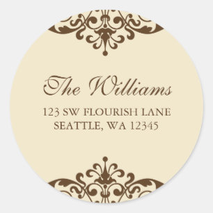 Brown and Tan Blühte Scroll Address Label Runder Aufkleber
