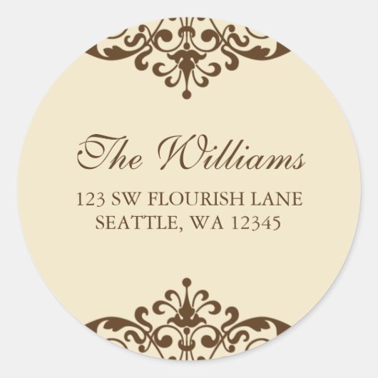 Brown and Tan Blühte Scroll Address Label Runder Aufkleber (Vorderseite)