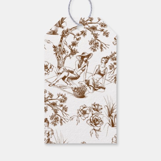 Brown and White Toile de Jouy Brautparty Geschenkanhänger (Rückseite)