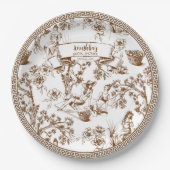Brown and White Toile de Jouy Brautparty Pappteller (Vorderseite)