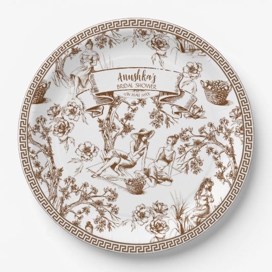 Brown and White Toile de Jouy Brautparty Pappteller (Vorderseite)
