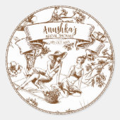 Brown and White Toile de Jouy Brautparty Runder Aufkleber (Vorderseite)