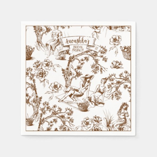 Brown and White Toile de Jouy Brautparty Serviette (Vorderseite)