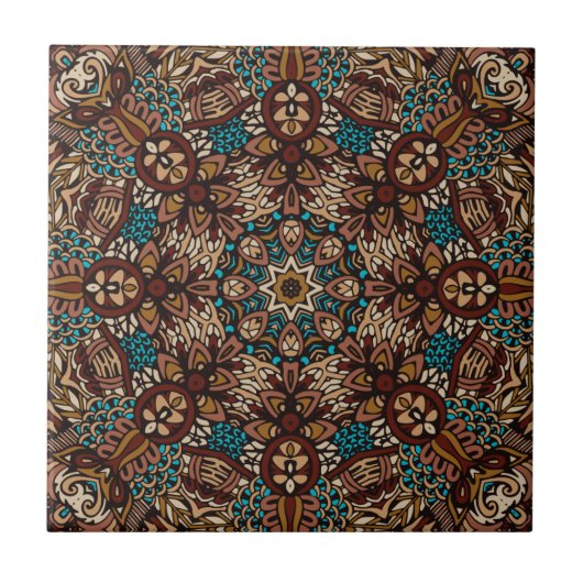 Brown, Aquamarin & Beige Earthy Rustic Boho Mandal Fliese (Vorderseite)