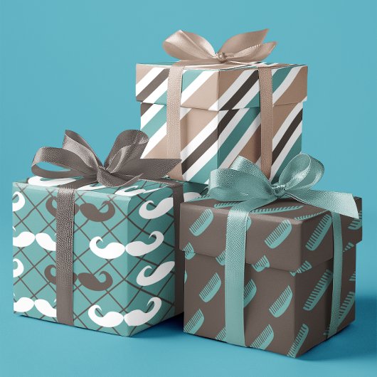 Brown & Aquamarin Mustache & Comb Set des Vaters v Geschenkpapier Set