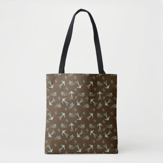 Brown Aquamarin Swallow Blume Muster Tote Tasche (Vorderseite)