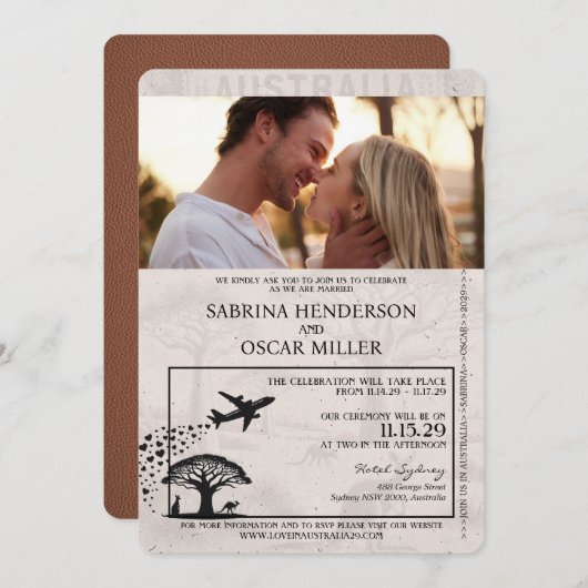 Brown Australia Passport Wedding Einladung (Vorne/Hinten)