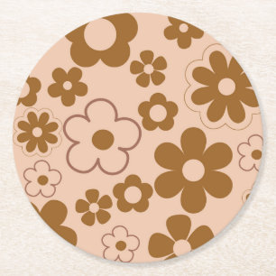 Brown Autumn Retro Y2K Hippie Blume Muster Runder Pappuntersetzer