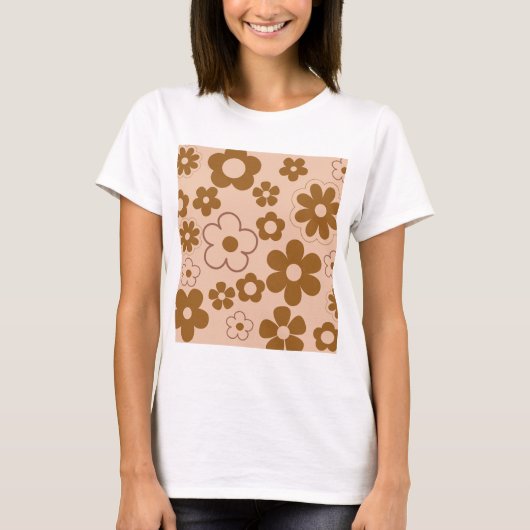 Brown Autumn Retro Y2K Hippie Blume Muster T-Shirt (Vorderseite)