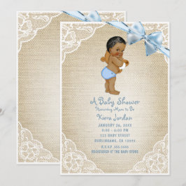 Brown Baby Boy Bear & Blue Bow Burlap Baby Dusche Einladung