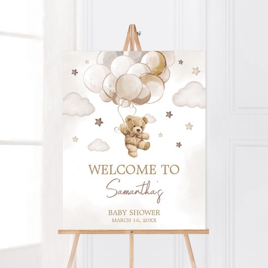 Brown Balloon Bear Baby Dusche Willkommen Poster