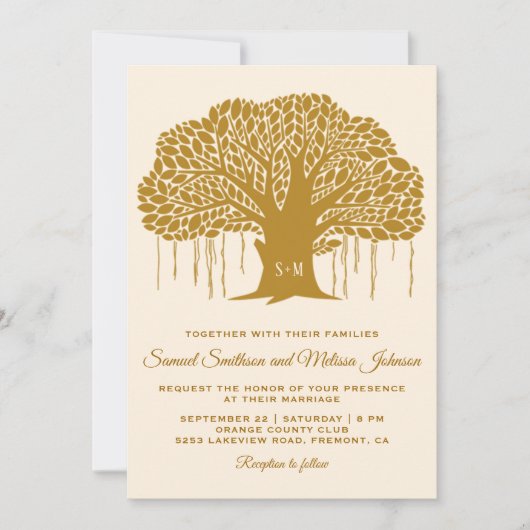 Brown Banyan Tree Monogram Wedding Einladung (Vorderseite)