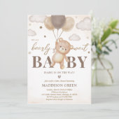 Brown Bear Balloon Babydusche Einladung (Stehend Vorderseite)