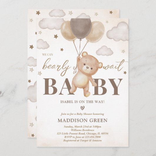 Brown Bear Balloon Babydusche Einladung (Vorne/Hinten)