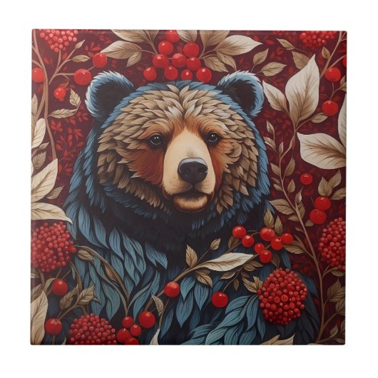 Brown Bear Red Berries William Morris Inspiriert Fliese (Vorderseite)