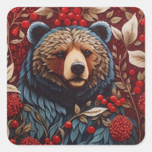 Brown Bear Red Berries William Morris Inspiriert Quadratischer Aufkleber