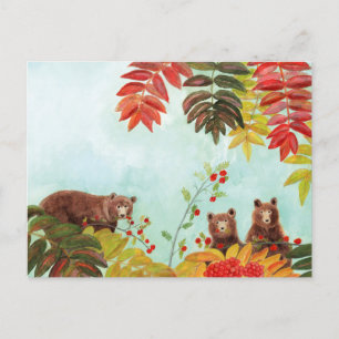 Brown Bears Eating Red Rowan Berries Feiertagspostkarte