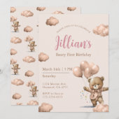 Brown Beary First Birthday Girl Einladung (Vorne/Hinten)