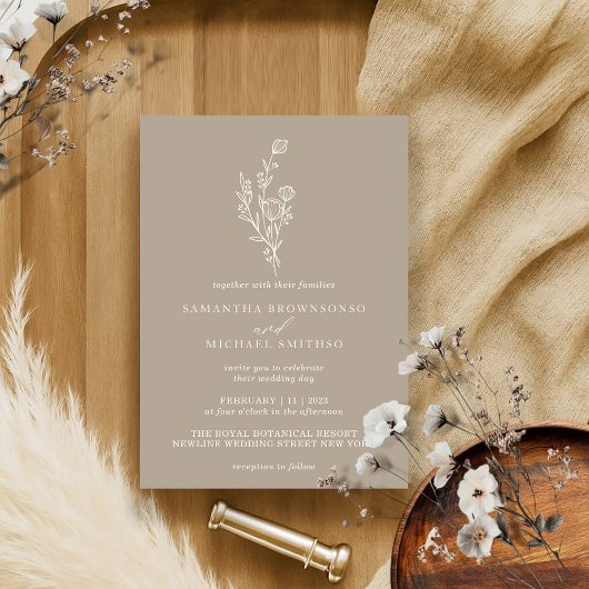 Brown Beige Bouquet Boho Minimal Botanisch Einladung
