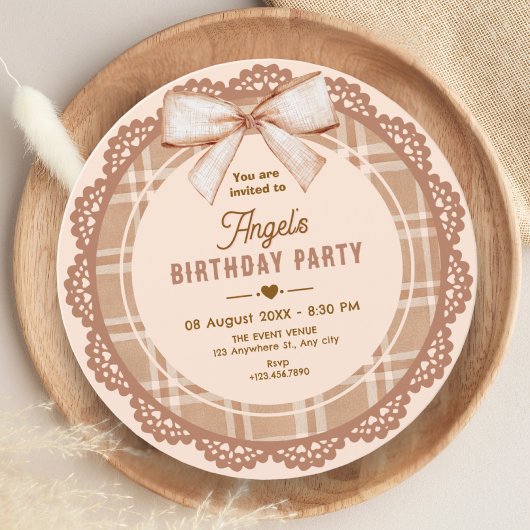 Brown beige bow plaid birthday einladung