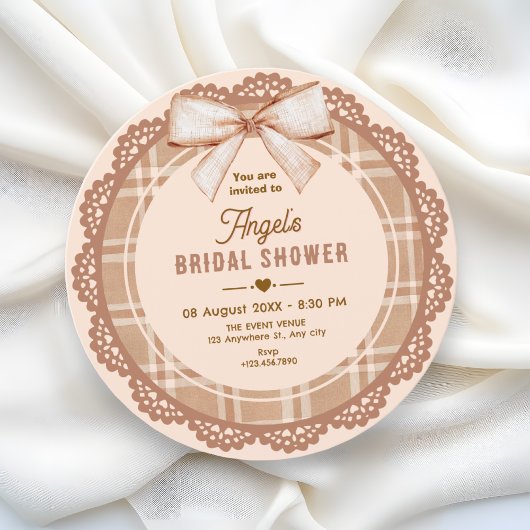 Brown beige bow plaid bridal shower einladung