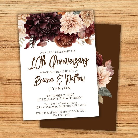 Brown Beige Floral 10. Hochzeitstag Einladung