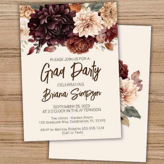 Brown Beige Ivory Floral Abschluss Grad Party Einladung