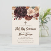 Brown Beige Ivory Floral First Heilige Kommune Einladung (Stehend Vorderseite)