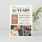 Brown Beige Simple Grid Newspaper 50 Jahre alt Einladung (Stehend Vorderseite)