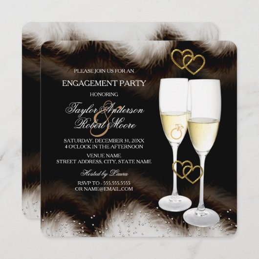 Brown Black Champagne Rainer Heart Engagement Part Einladung (Vorne/Hinten)