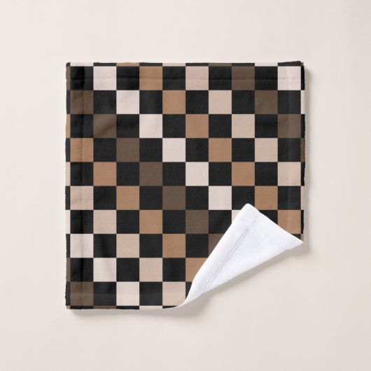 Brown Black Checkered Gingham Pattern Badhandtuch Set (Waschlappen)