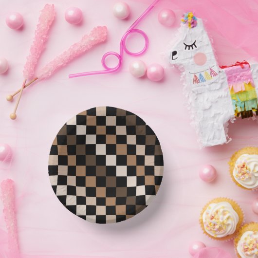 Brown Black Checkered Gingham Pattern Pappteller (Party)