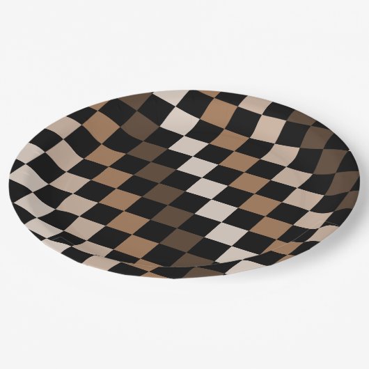 Brown Black Checkered Gingham Pattern Pappteller (Schrägansicht)