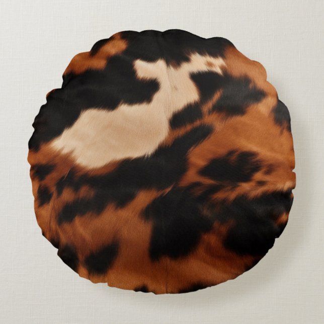 Brown Black Cream Cowhide Rundes Kissen (Vorderseite)