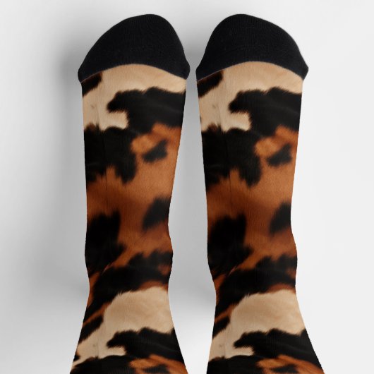 Brown Black Cream Faux Cow Print Socken (Oben)